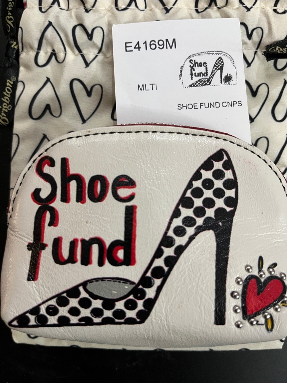 Brighton White Cosmetic Coin Pouch with Black Polka-Dot Heel & Red Accents